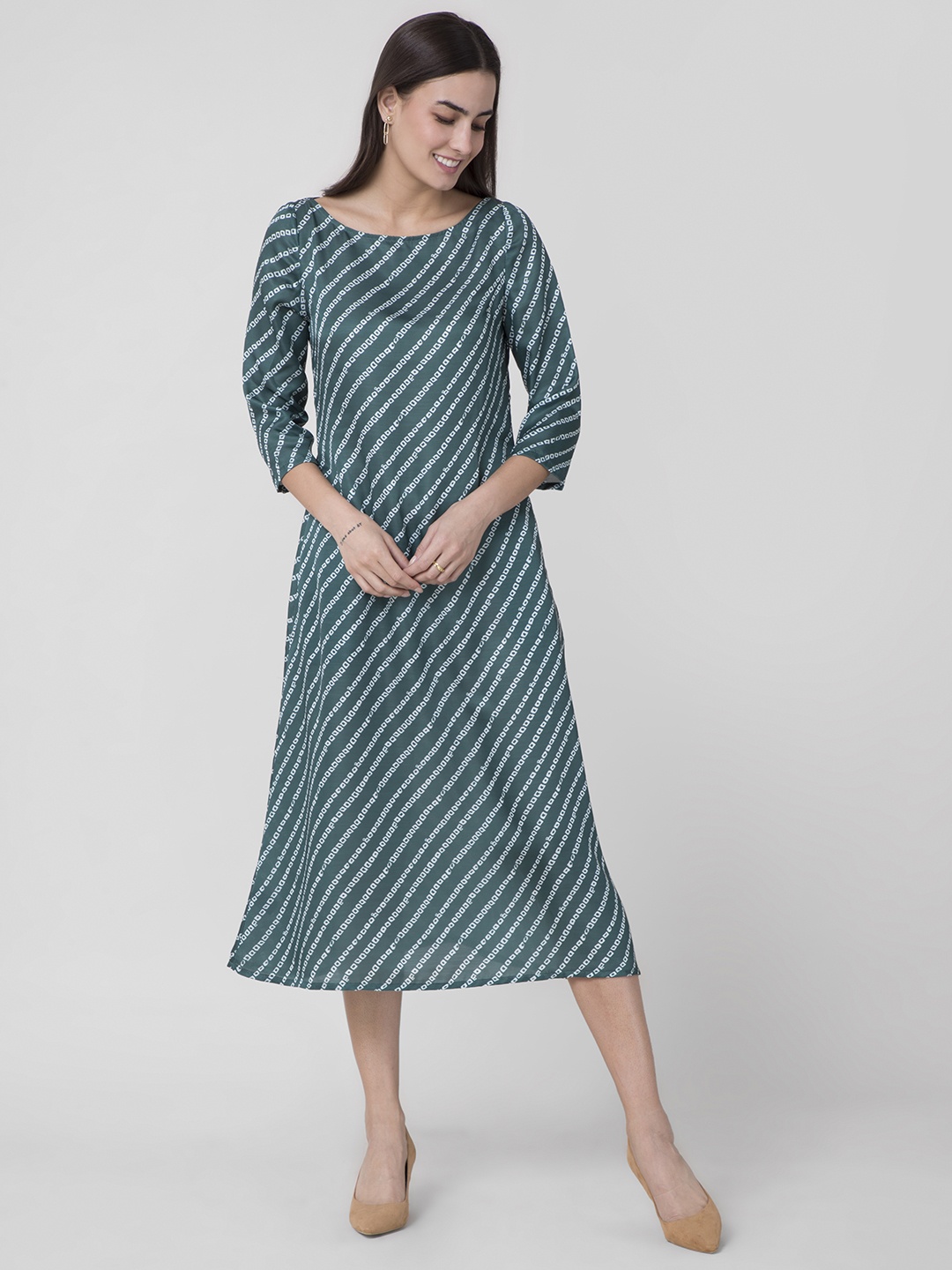 

FableStreet Green & White Striped Satin A-Line Midi Dress