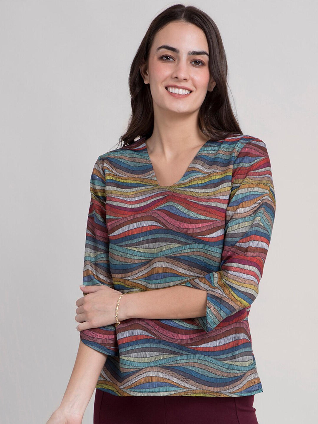 

FableStreet Multicoloured Striped Satin Regular Top, Multi