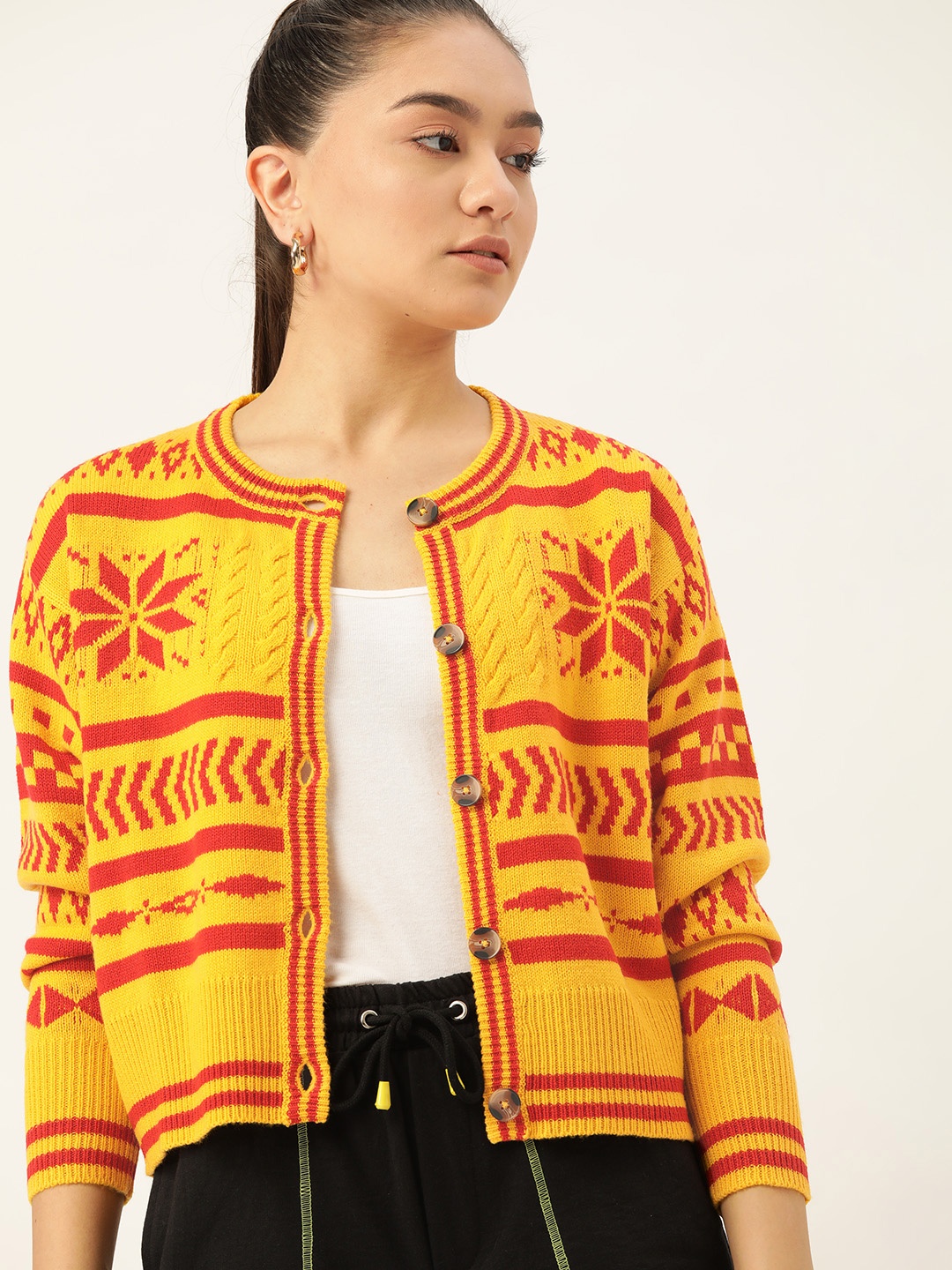 

DressBerry Women Yellow & Orange Fair Isle Cardigan