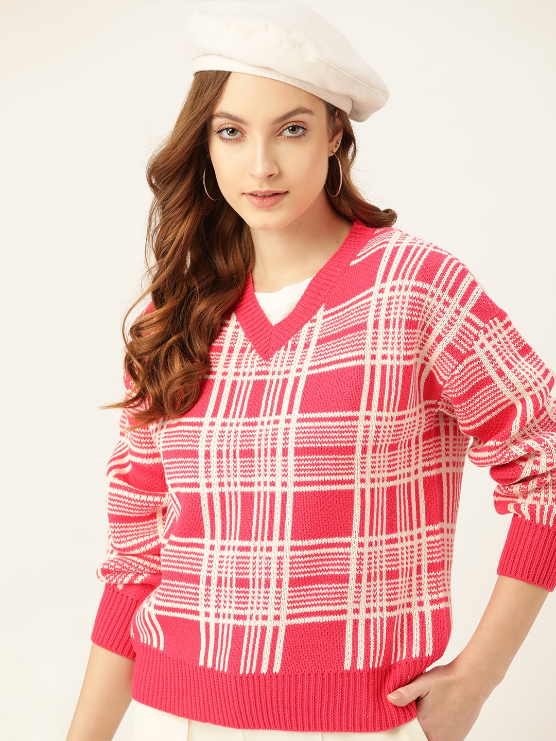 

DressBerry Women Pink & White Tartan Checked Pullover