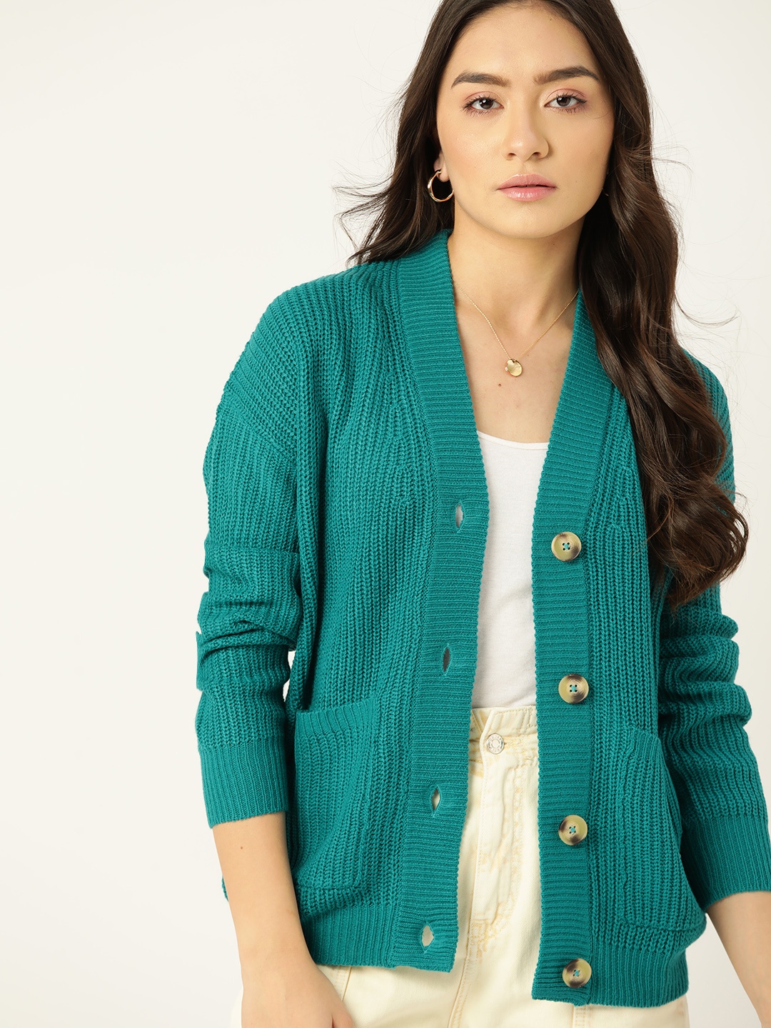 

DressBerry Women Teal Green Solid Cardigan