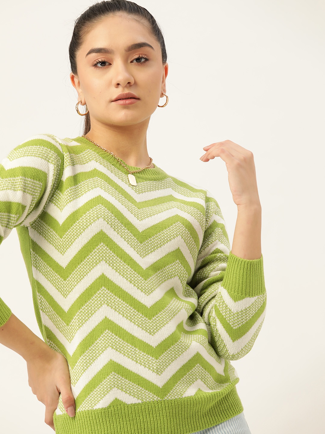 

DressBerry Women Green & White Chevron Pullover