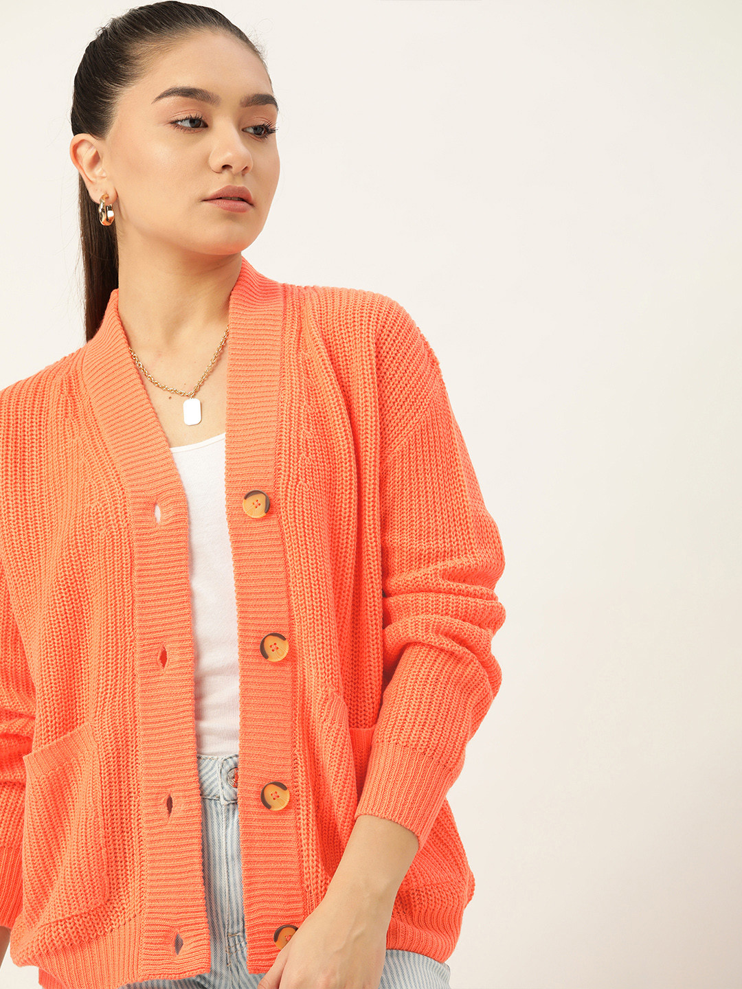 

DressBerry Women Peach-Coloured Solid Cardigan