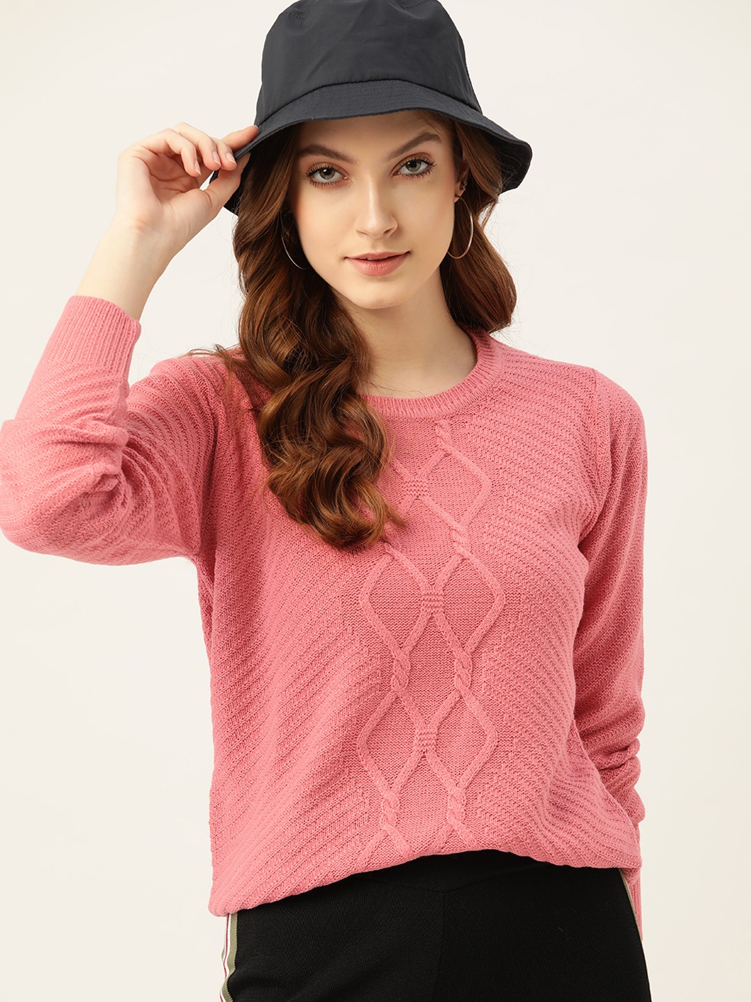 

DressBerry Women Pink Cable Knit Pullover