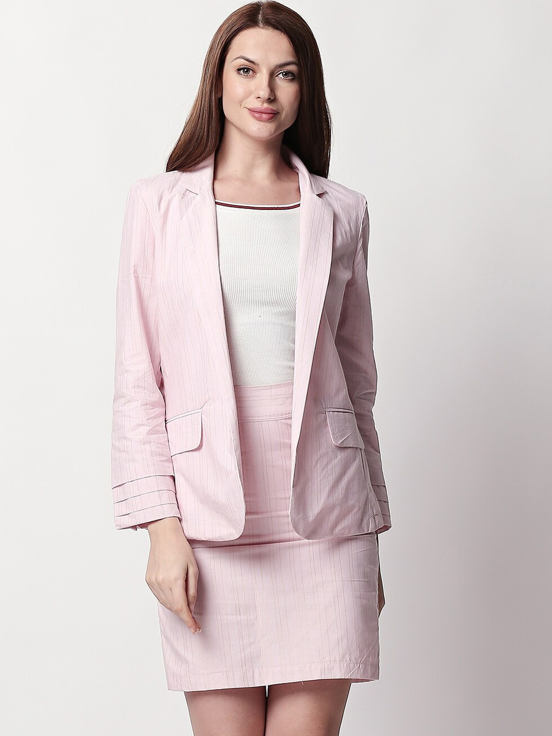 

RAREISM Women Pink & Silver Striped Pencil Mini Skirt