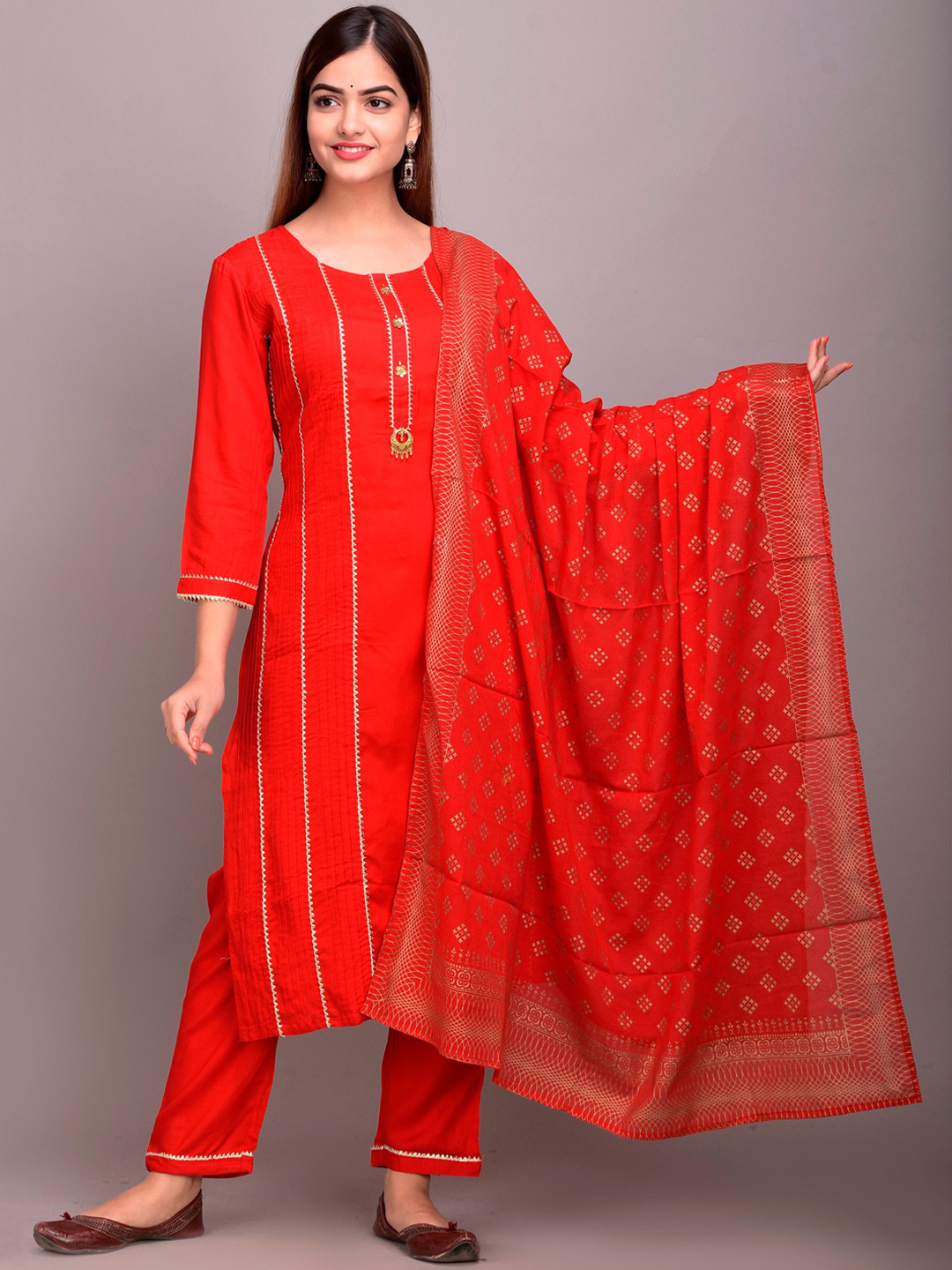 

DIVYANK Women Red & Gold-Coloured Regular Gotta Patti Kurta with Trousers & Dupatta