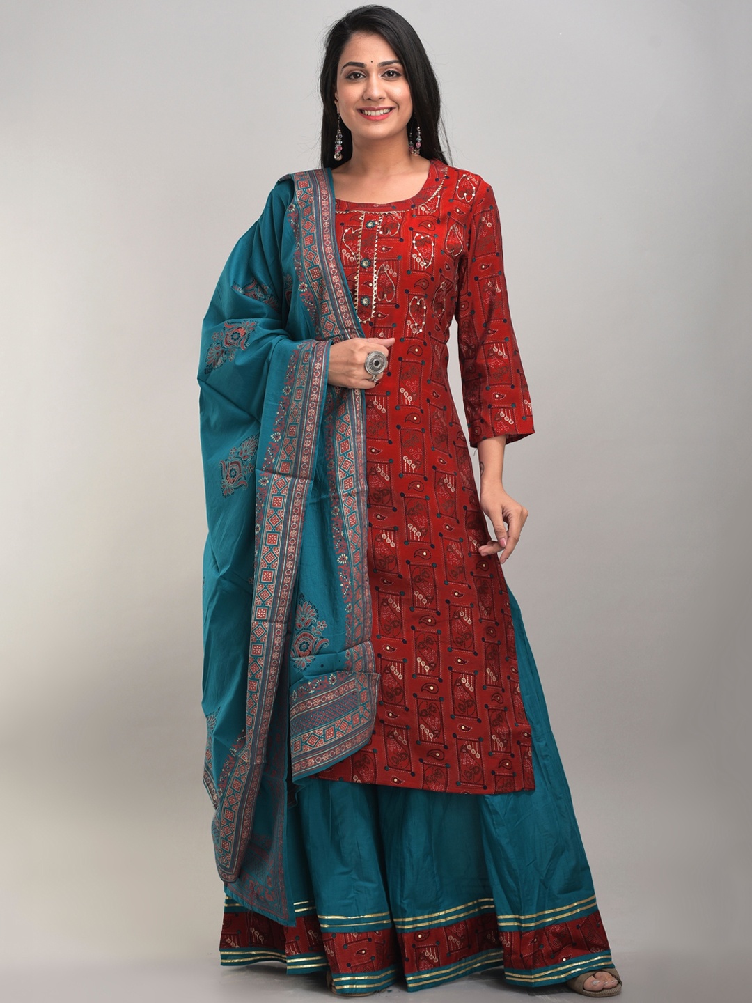 

DIVYANK Women Red & Blue Ethnic Motifs Printed Thread Work Kurta with Palazzos & Dupatta