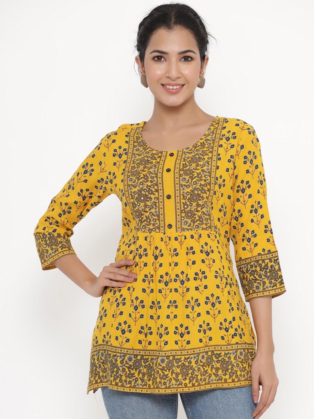 

kipek Mustard & Blue Viscose Rayon Printed Tunic