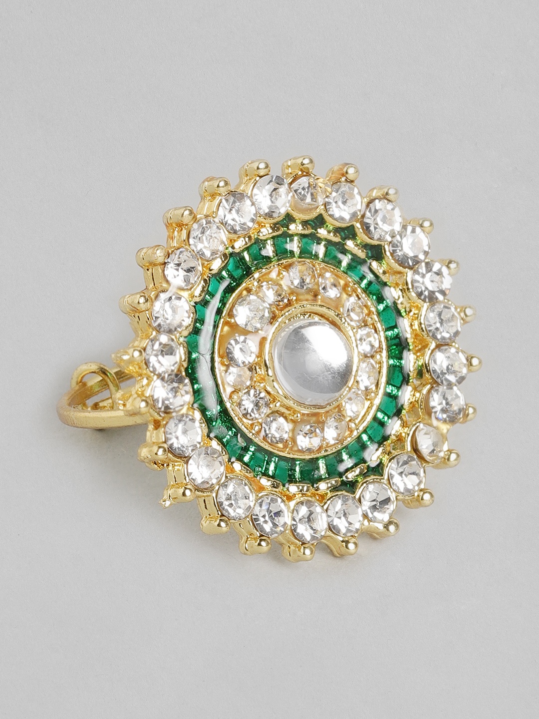 

Anouk Green Gold-Plated Stone-Studded Enamelled Floral Adjustable Finger Ring