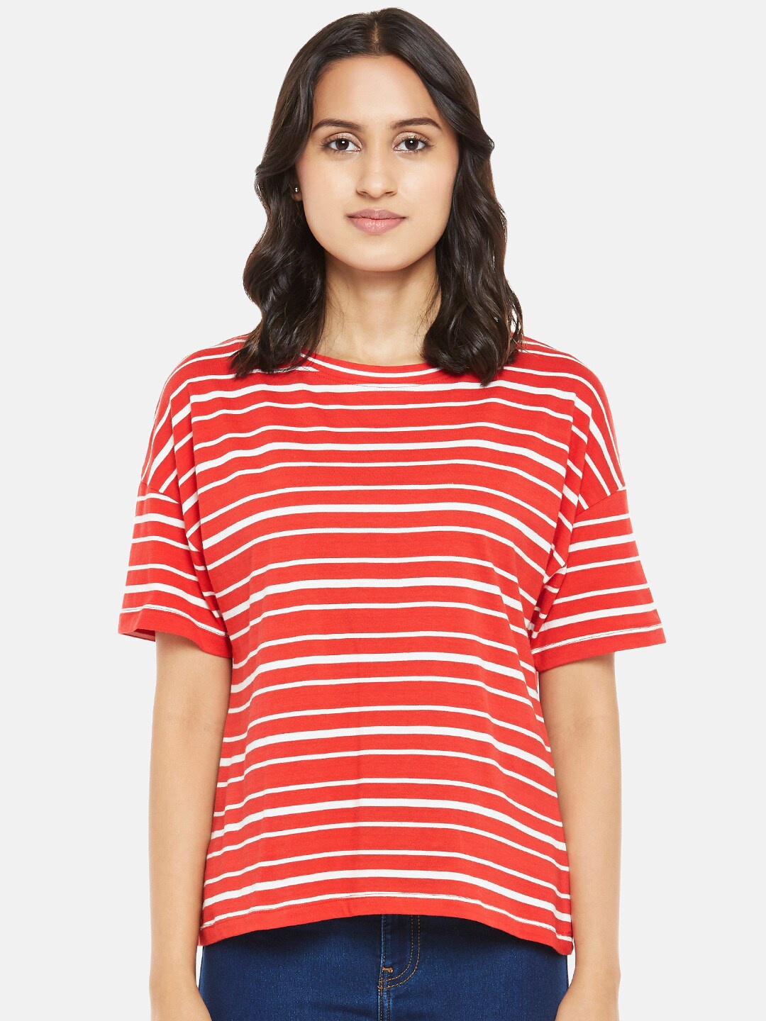 

People Red & Off White Striped Cotton Regular Top