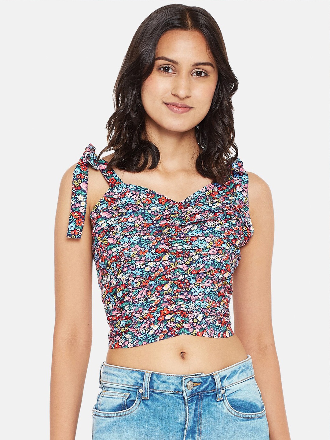 

People Navy Blue & Pink Floral Fitted Crop Top