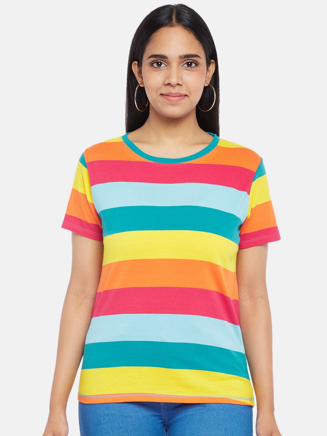 

People Multicoloured Striped Regular Top, Orange