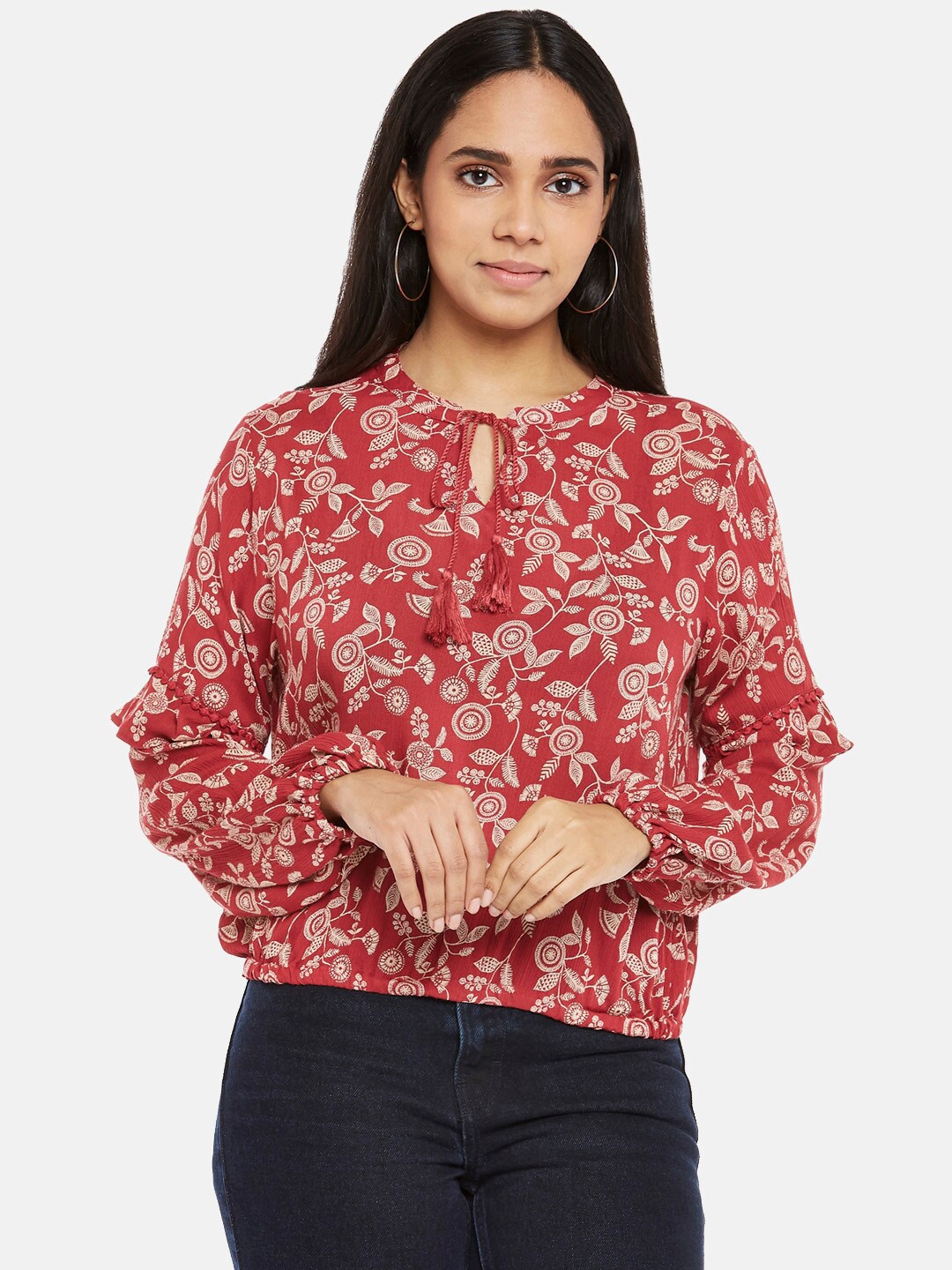 

People Rust Red Floral Tie-Up Neck Top
