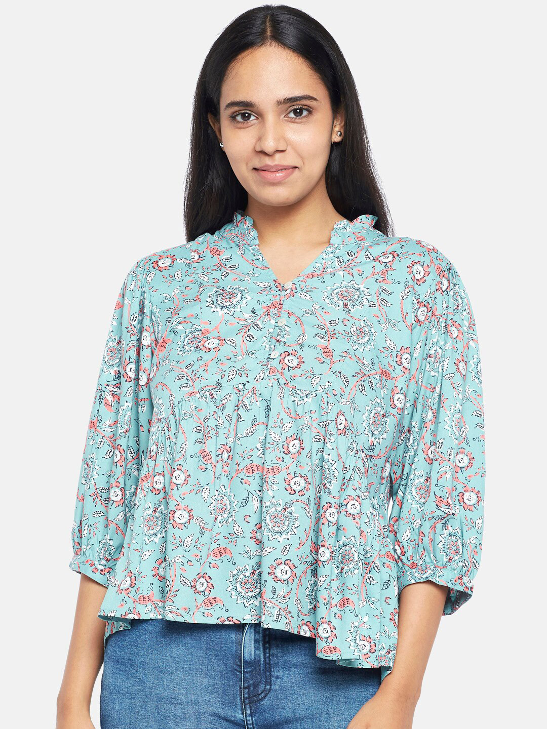 

People Green Floral Mandarin Collar Regular Top