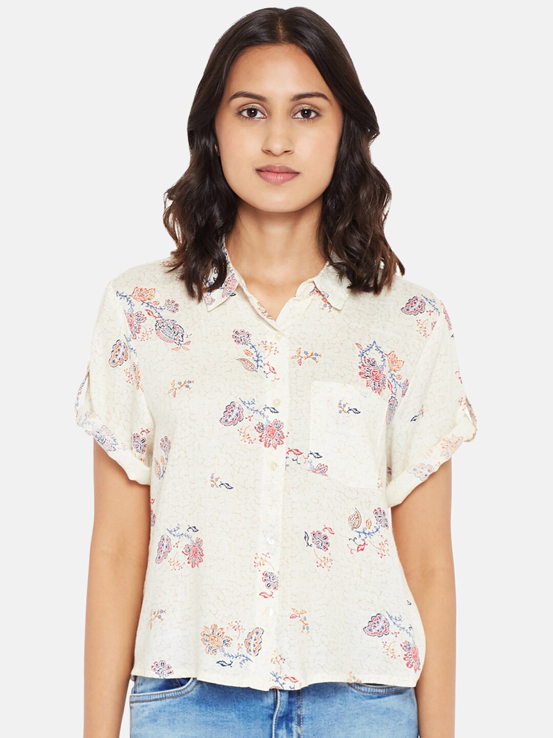 

People Women Beige Floral Roll-Up Sleeves Shirt Style Top