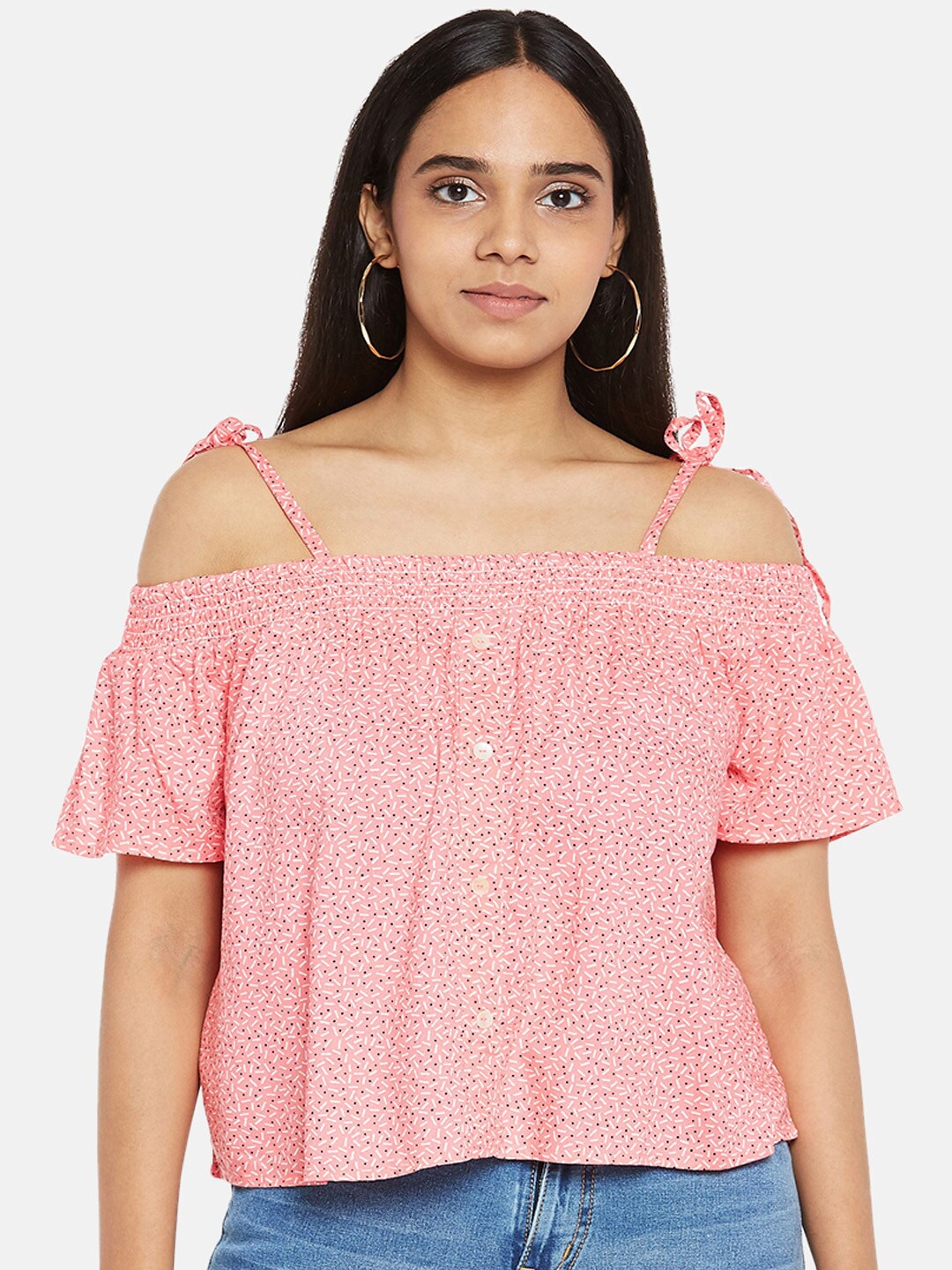 

People Red & White Geometric Bardot Top