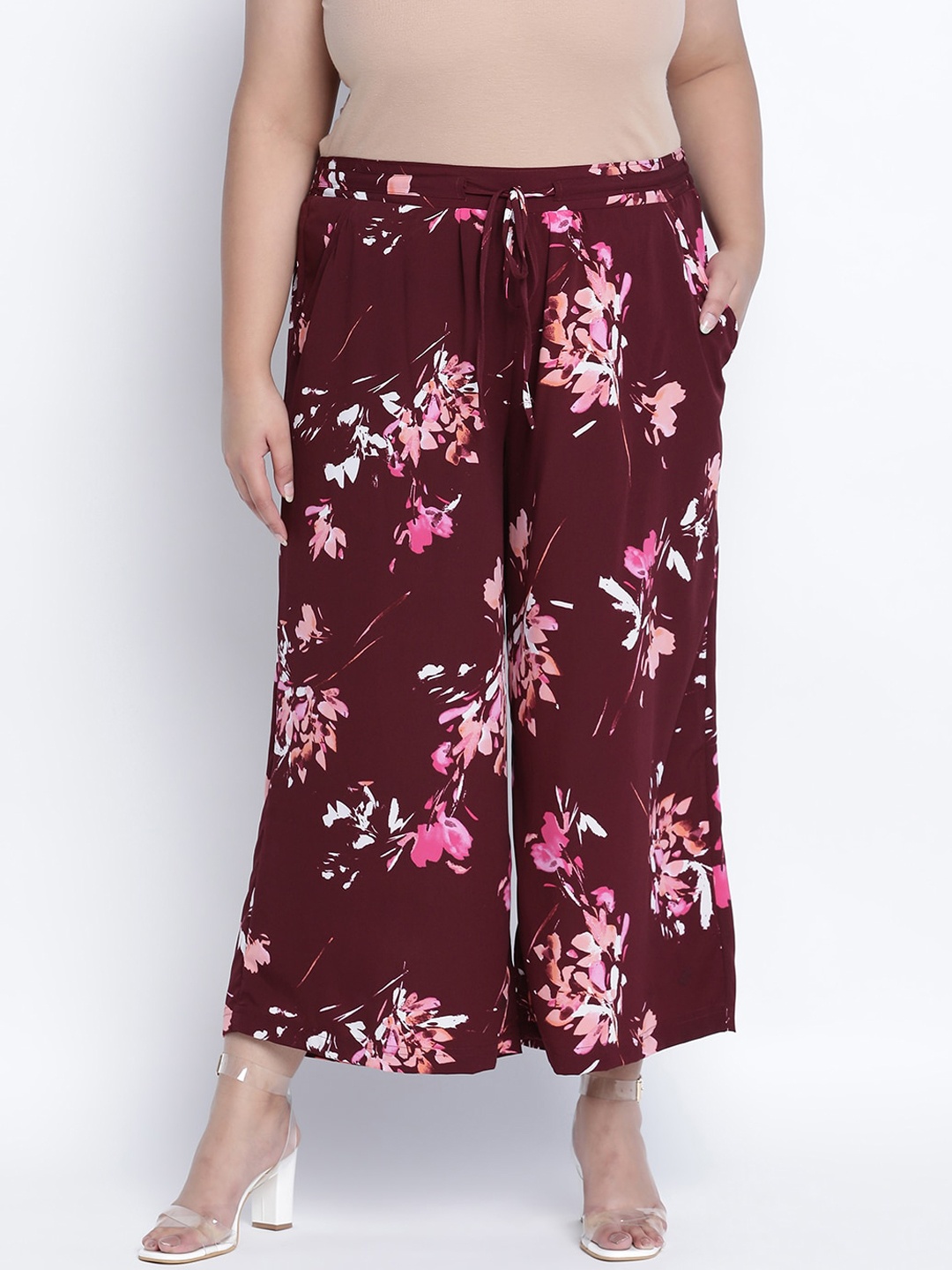 

Oxolloxo Women Maroon Floral Printed Plus Size Elasticated Palazzos