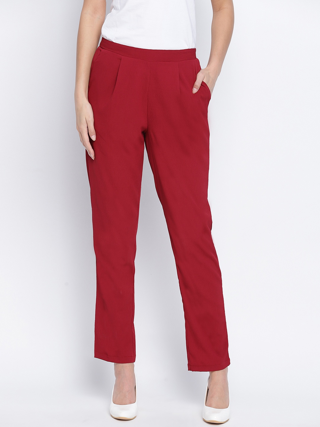 

Oxolloxo Women Red Pleated Peg Trousers