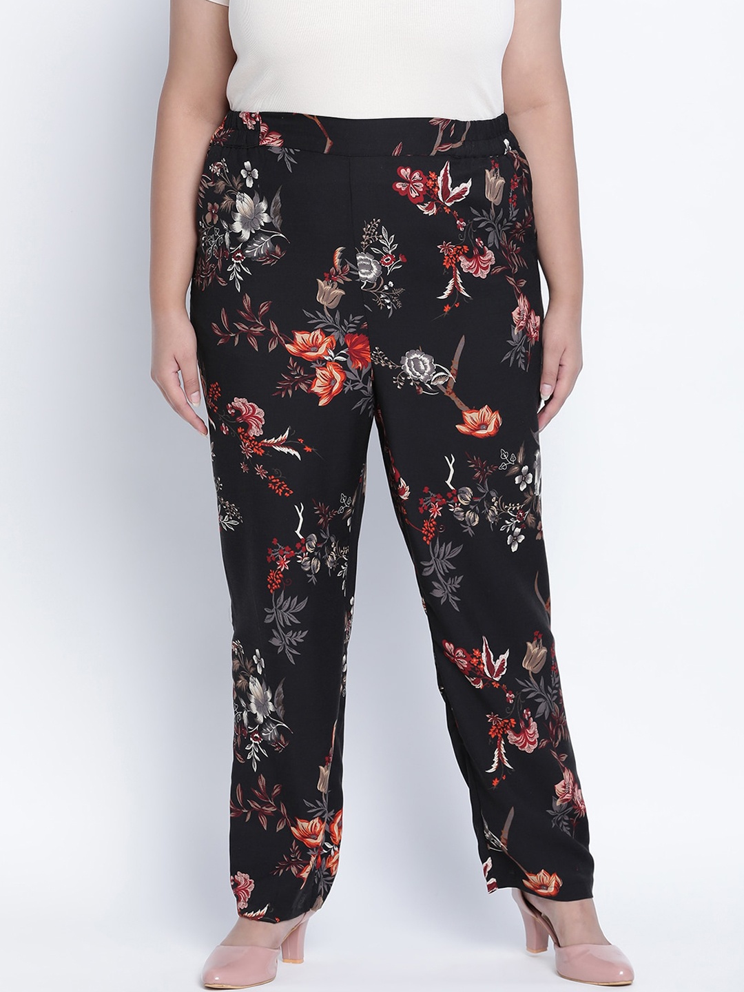 

Oxolloxo Women Black Floral Printed Plus Size Trousers