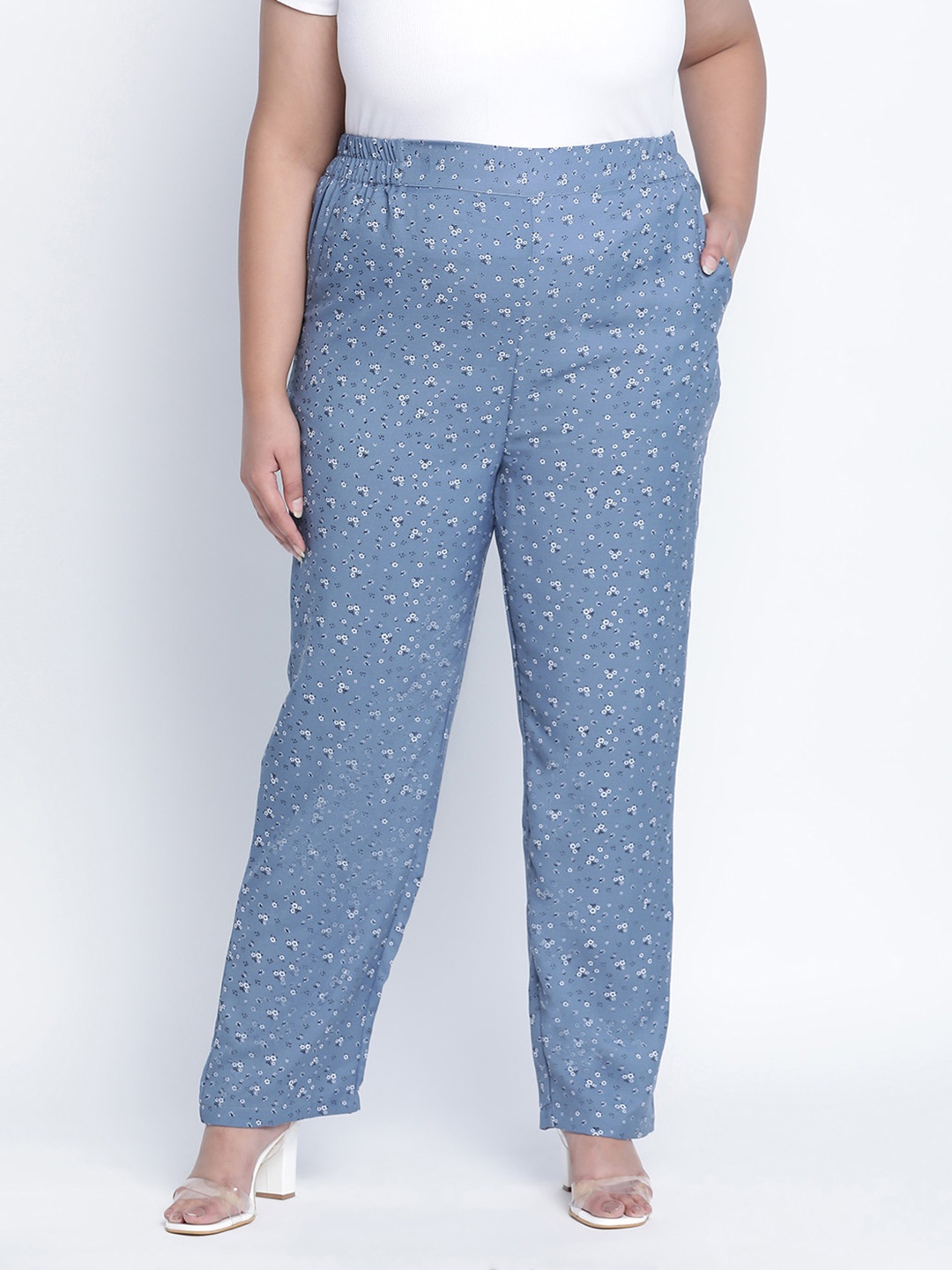 

Oxolloxo Women Blue Floral Printed Plus Size Parallel Trousers