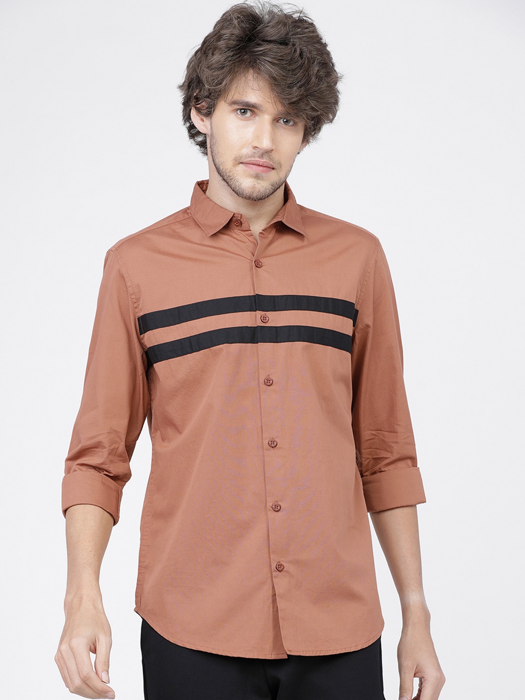 

HIGHLANDER Men Rust Brown Slim Fit Cotton Opaque Striped Casual Shirt