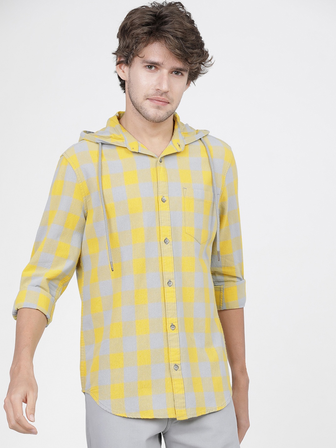 

HIGHLANDER Men Yellow Slim Fit Cotton Opaque Checked Casual Shirt