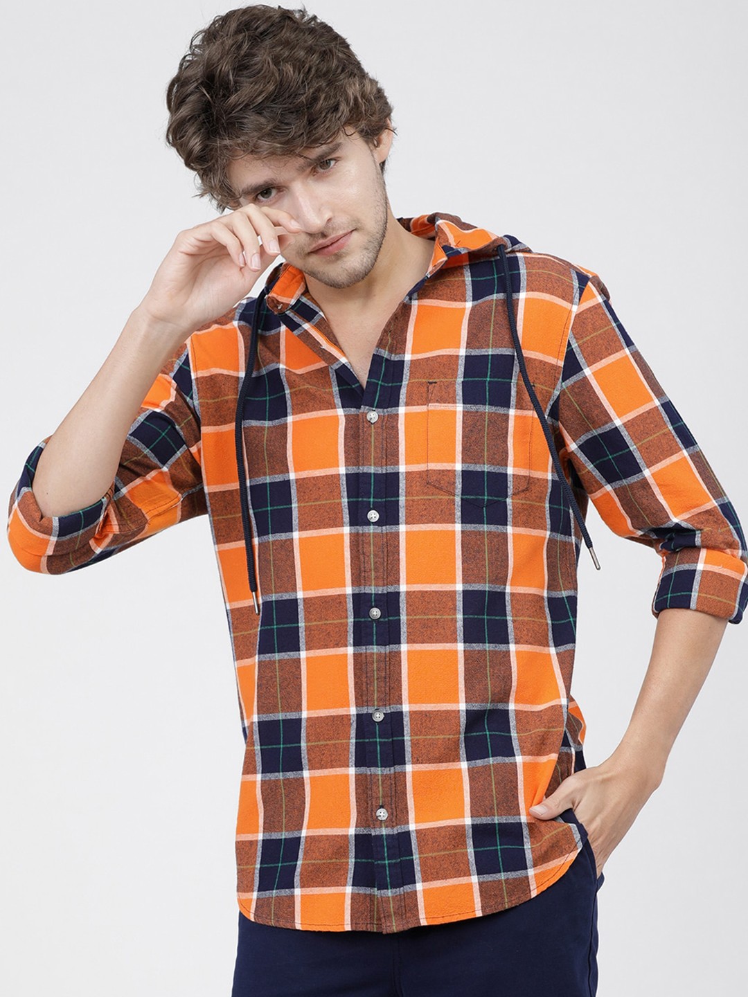 

HIGHLANDER Men Orange Slim Fit Opaque Checked Casual Cotton Shirt