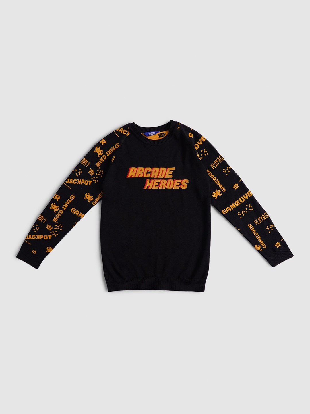 

Jack & Jones Boys Black & Orange Typography Printed Cotton Pullover