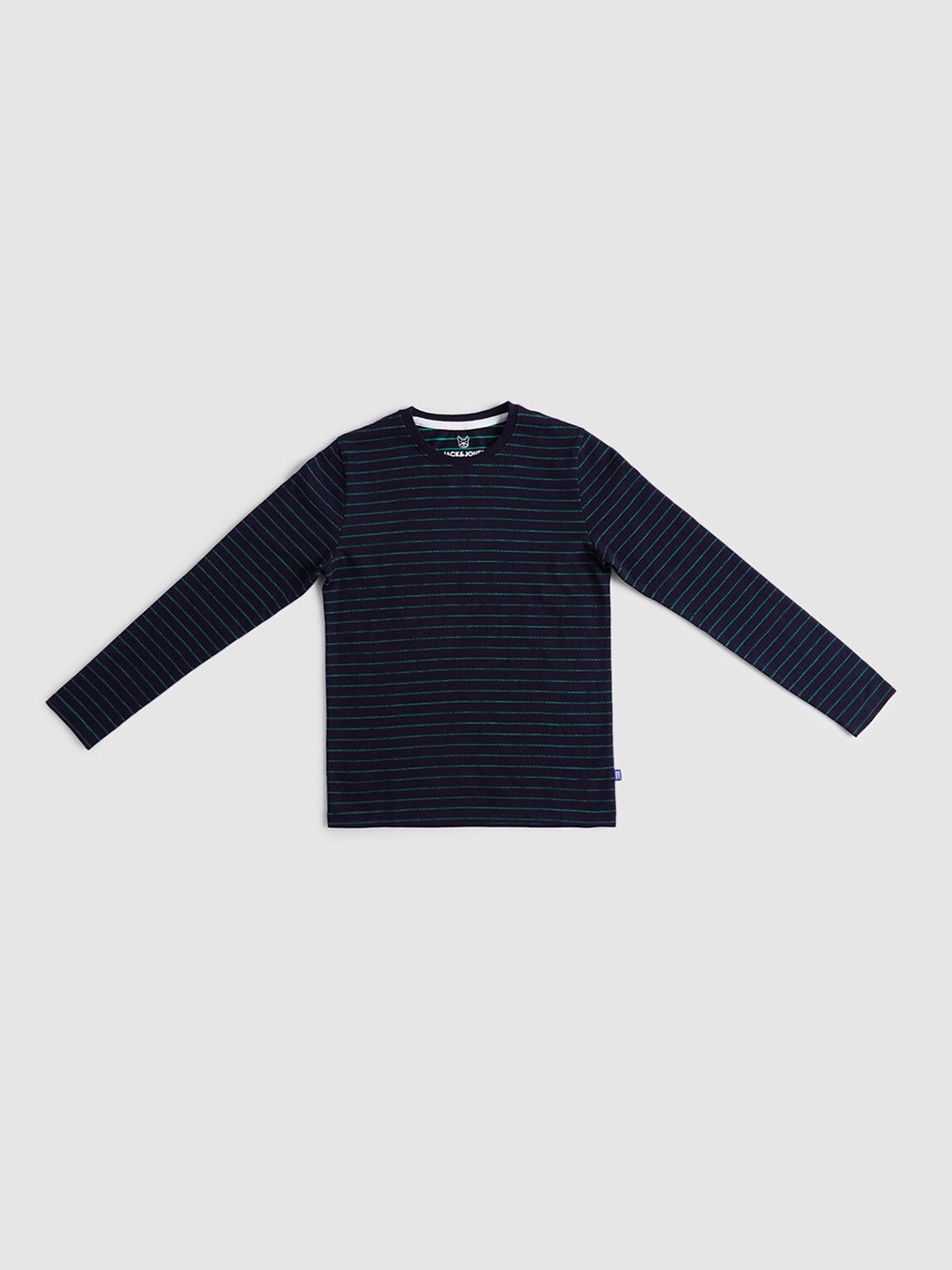

Jack & Jones Boys Navy Blue & Green Striped Cotton T-shirt