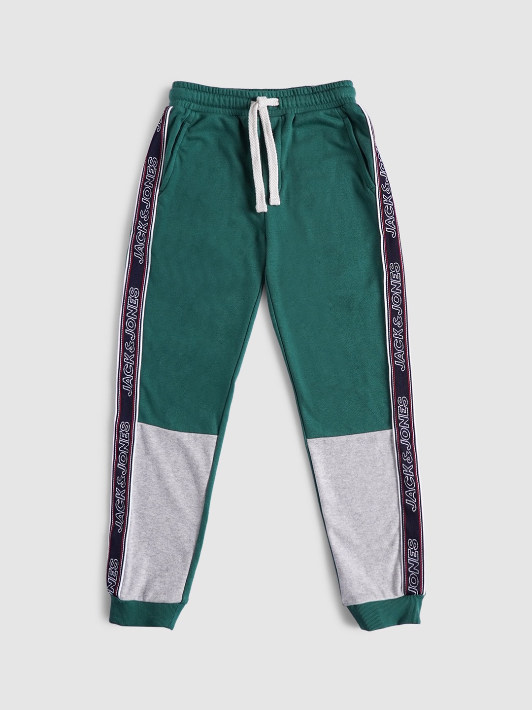 

Jack & Jones Boys Green & Grey Colourblocked Regular Fit Cotton Joggers