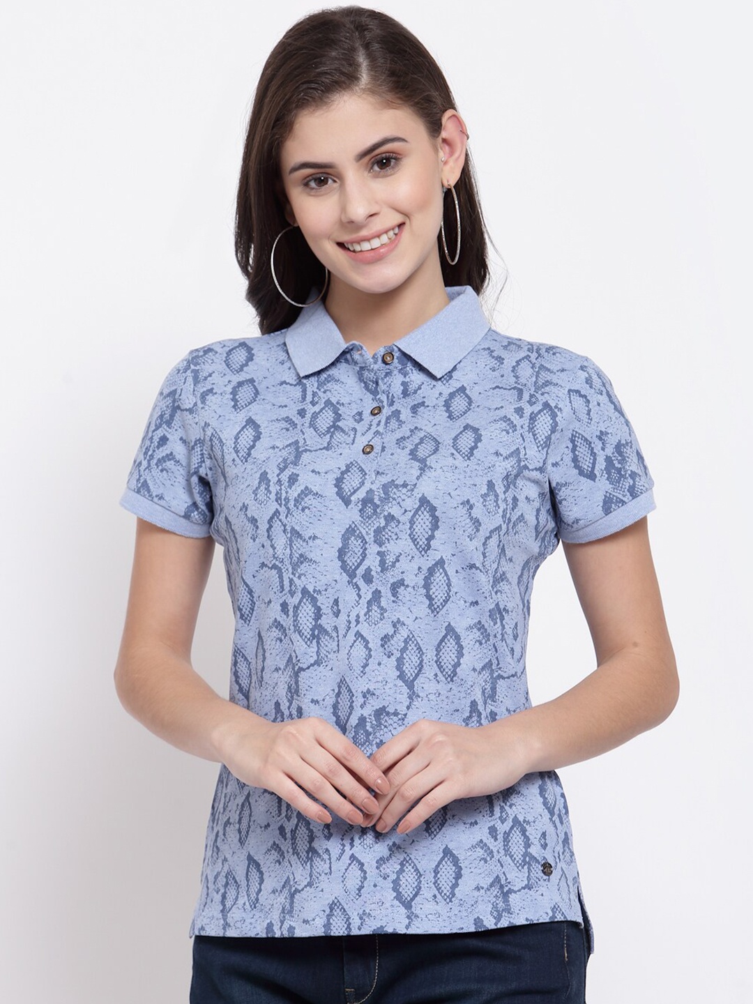 

Juelle Women Blue Printed Polo Collar Cotton T-shirt