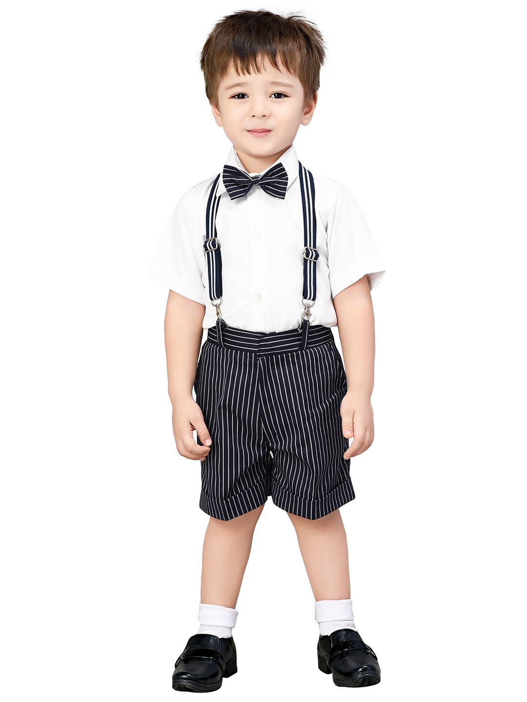 

Jeetethnics Boys Navy Blue & White Shirt With Stripes Shorts With Bow & Suspenders Set