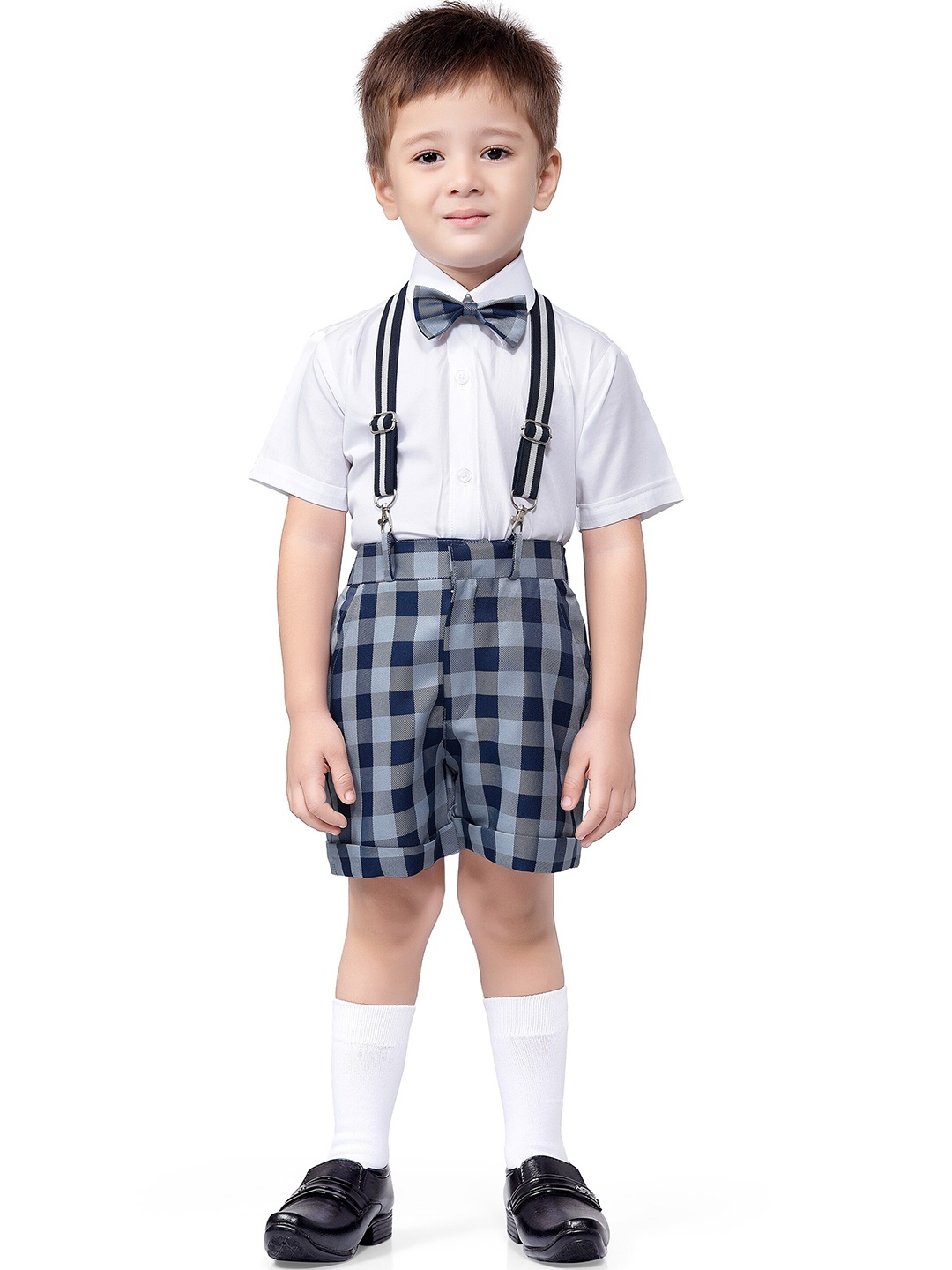 

Jeetethnics Boys Navy Blue & White Shirt With Checked Shorts With Bow & Suspenders Set