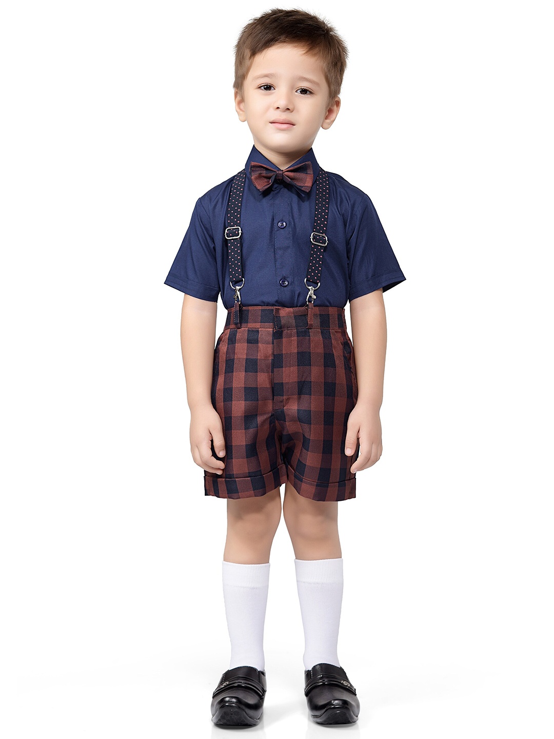 

Jeetethnics Boys Navy Blue & Brown Shirt With Checked Shorts With Bow & Suspenders Set