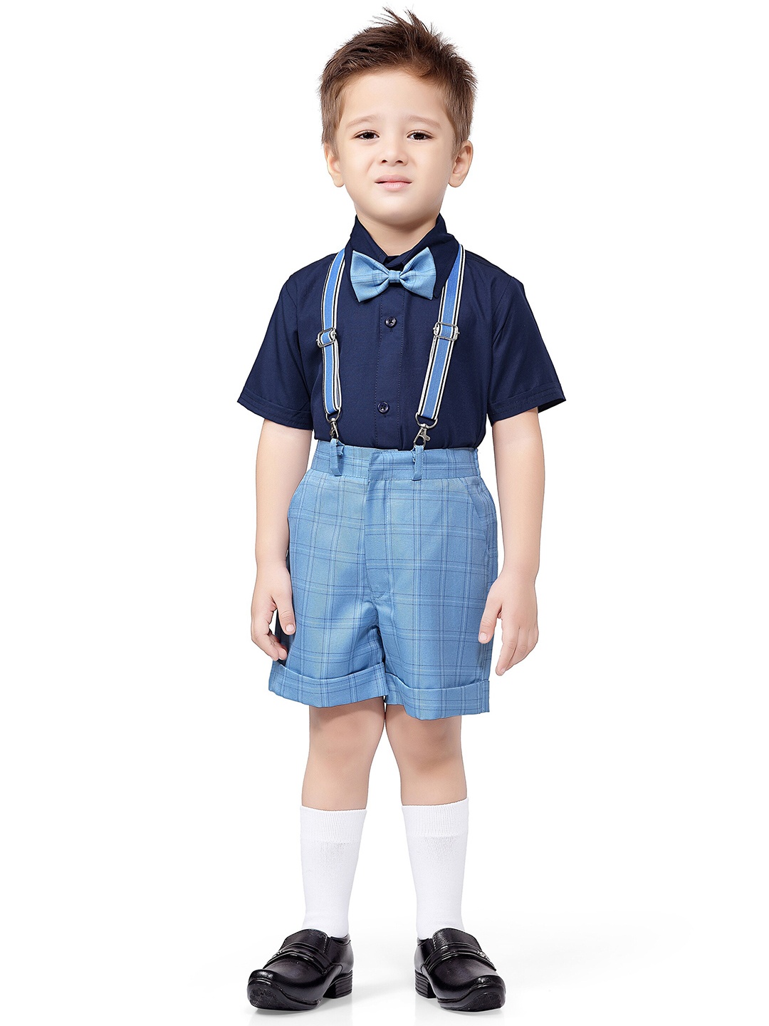 

Jeetethnics Boys Blue & Navy Blue Shirt With Checked Shorts With Suspender & Bow Set