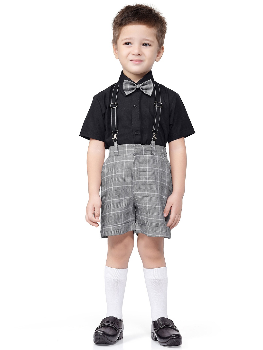 

Jeetethnics Boys Black & Grey Shirt With Checked Shorts With Suspender & Bow Set
