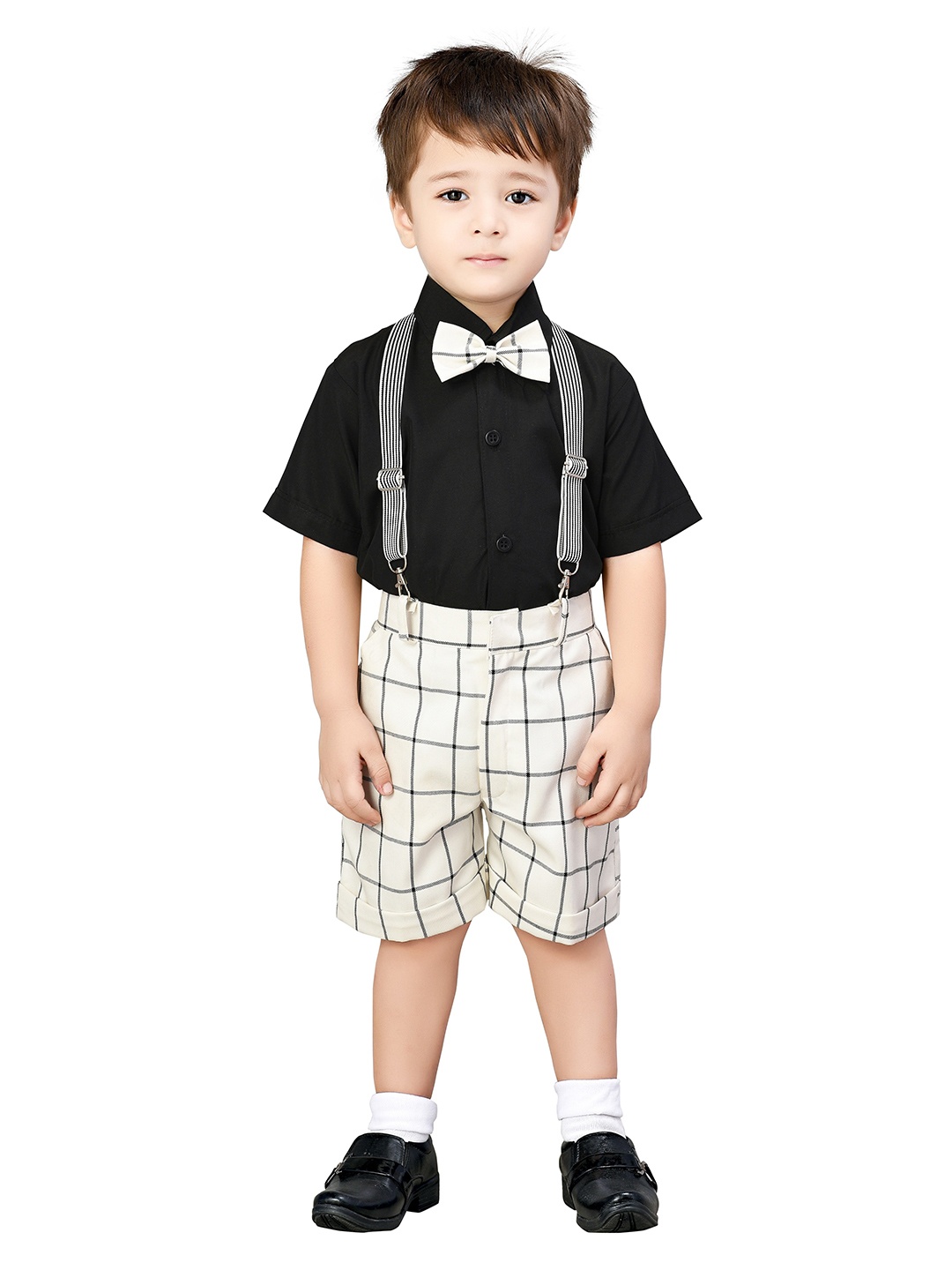 

Jeetethnics Boys Black & White Shirt With Checked Shorts With Suspender & Bow Set