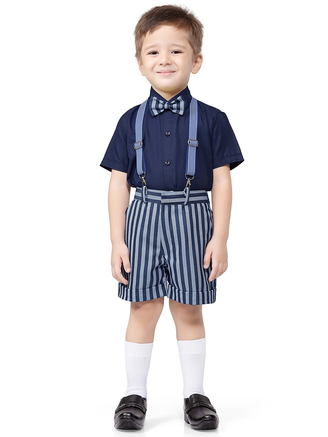 

Jeetethnics Boys Partywear Shirt with Striped Shorts With Suspender & Bow, Navy blue