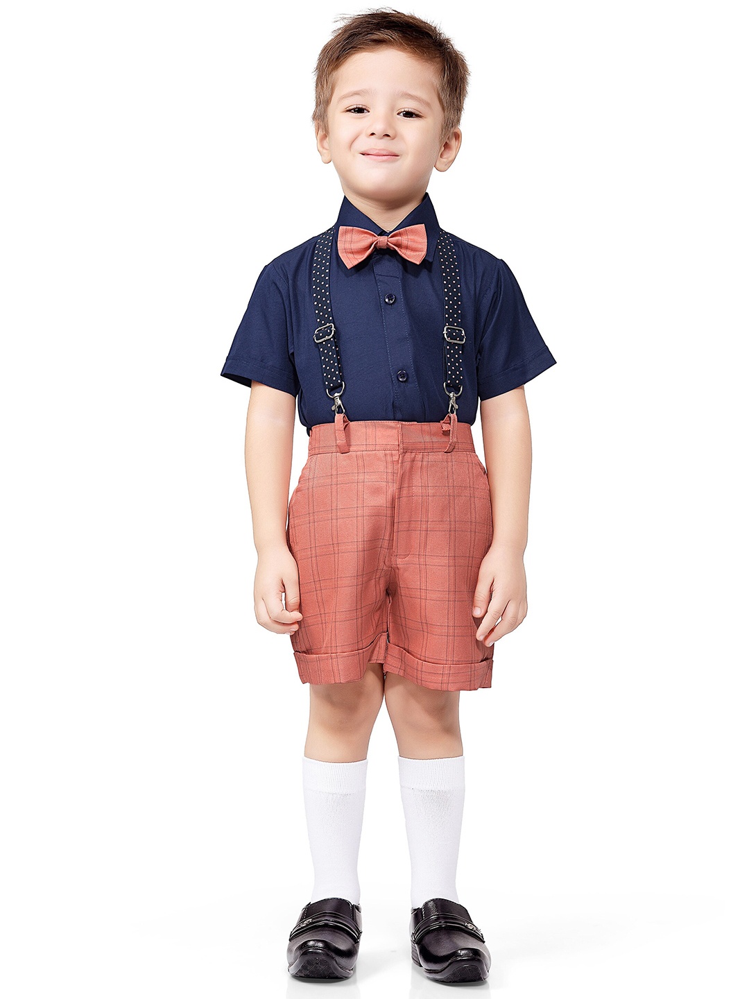 

Jeetethnics Boys Peach-Coloured & Blue Shirt with Checks Shorts With Suspender & Bow Set