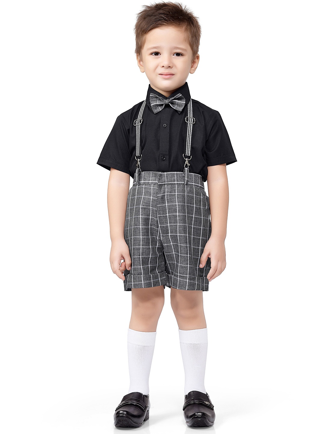 

Jeetethnics Boys Black Shirt with Grey Checked Shorts With Suspender & Bow Set