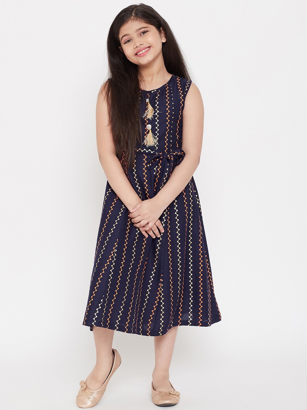 

KYDZI Navy Blue Ethnic Motifs Fringed Midi Dress