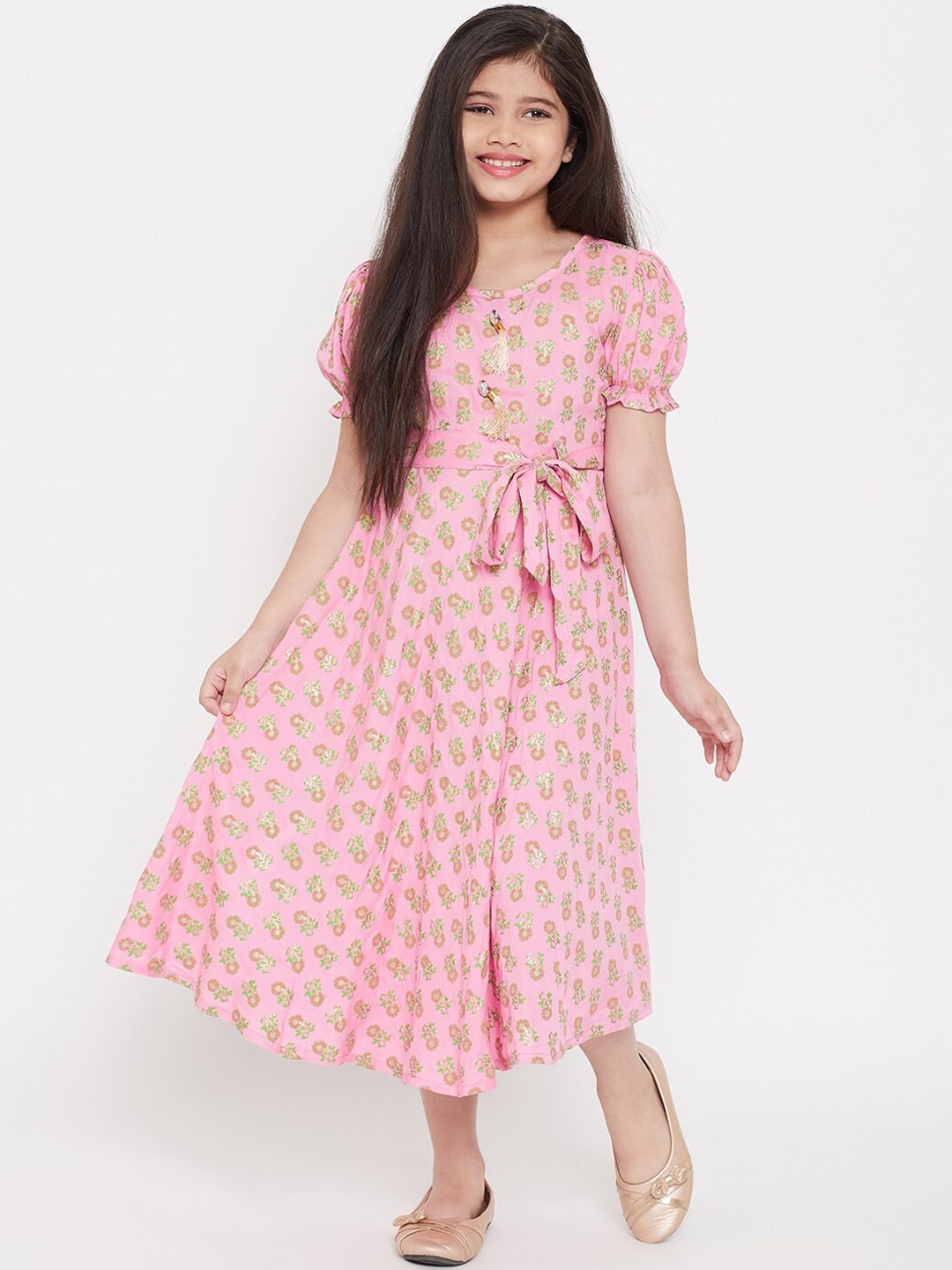 

KYDZI Girls Pink Floral Printed A-Line Midi Dress With Belt