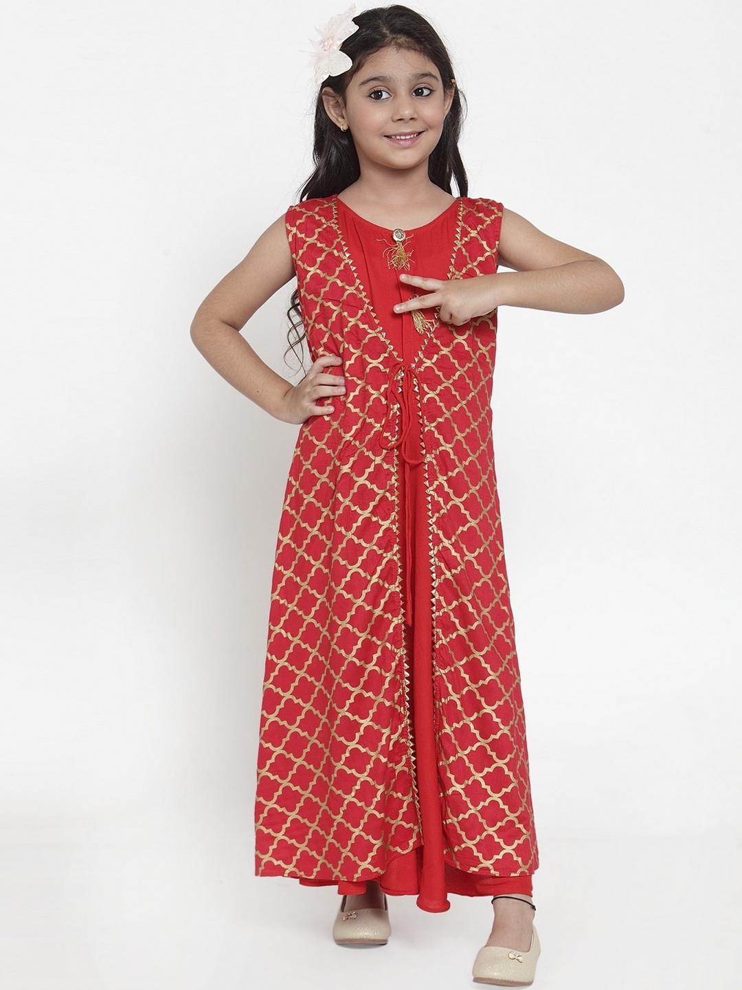 

KYDZI Girls Red & Gold-Toned Printed Layered Maxi Dress