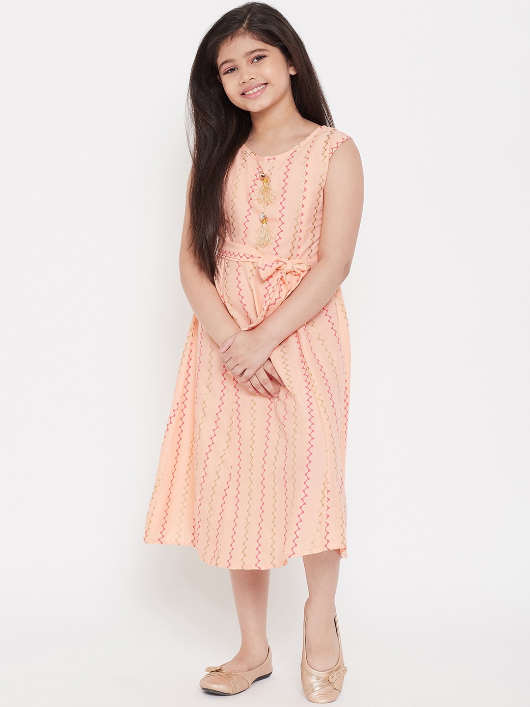 

KYDZI Girls Peach-Coloured & Pink Striped Fringed A-Line Midi Dress