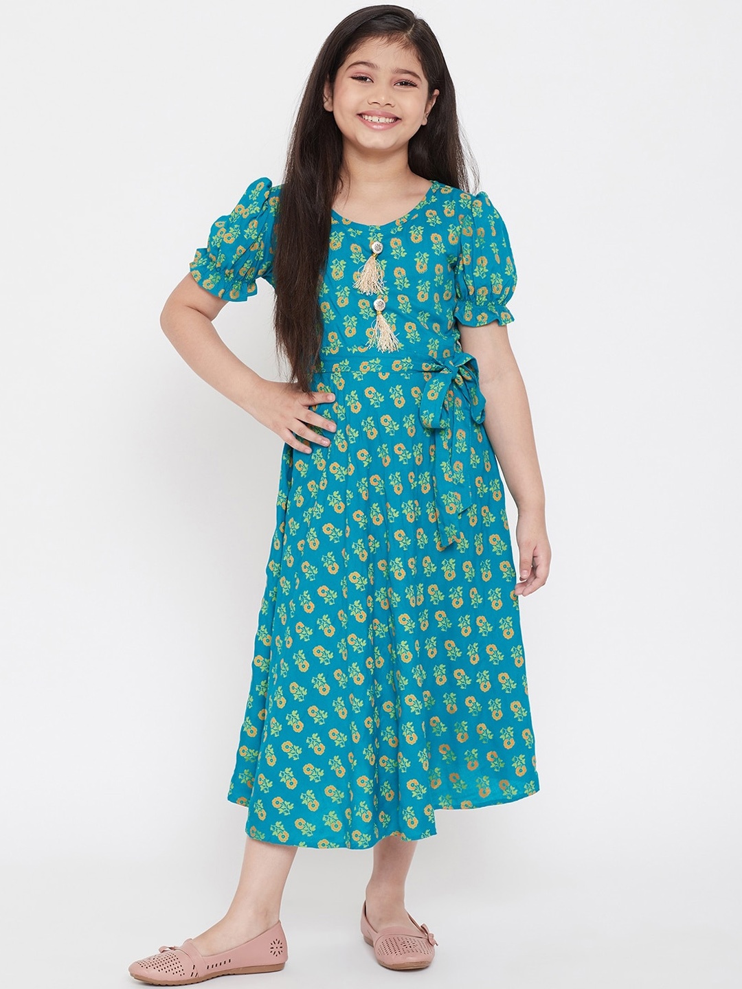 

KYDZI Girls Turquoise Blue & Green Ethnic Motifs Printed Belted Midi Dress