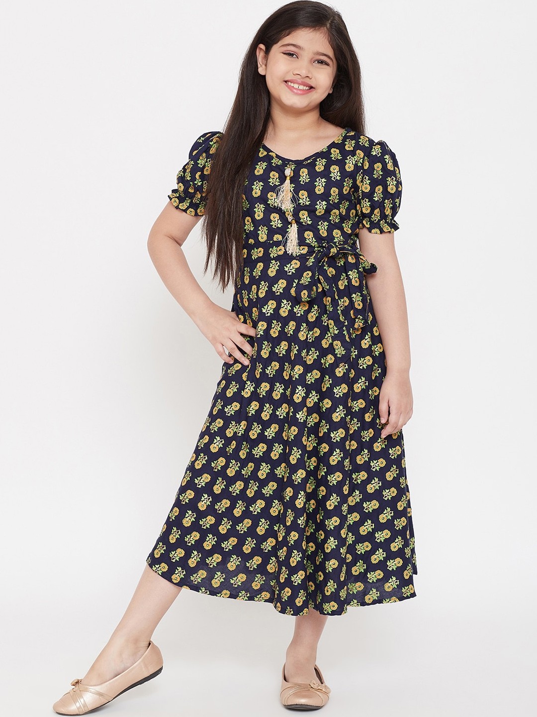 

KYDZI Navy Blue & Orange Ethnic Motifs A-Line Midi Dress