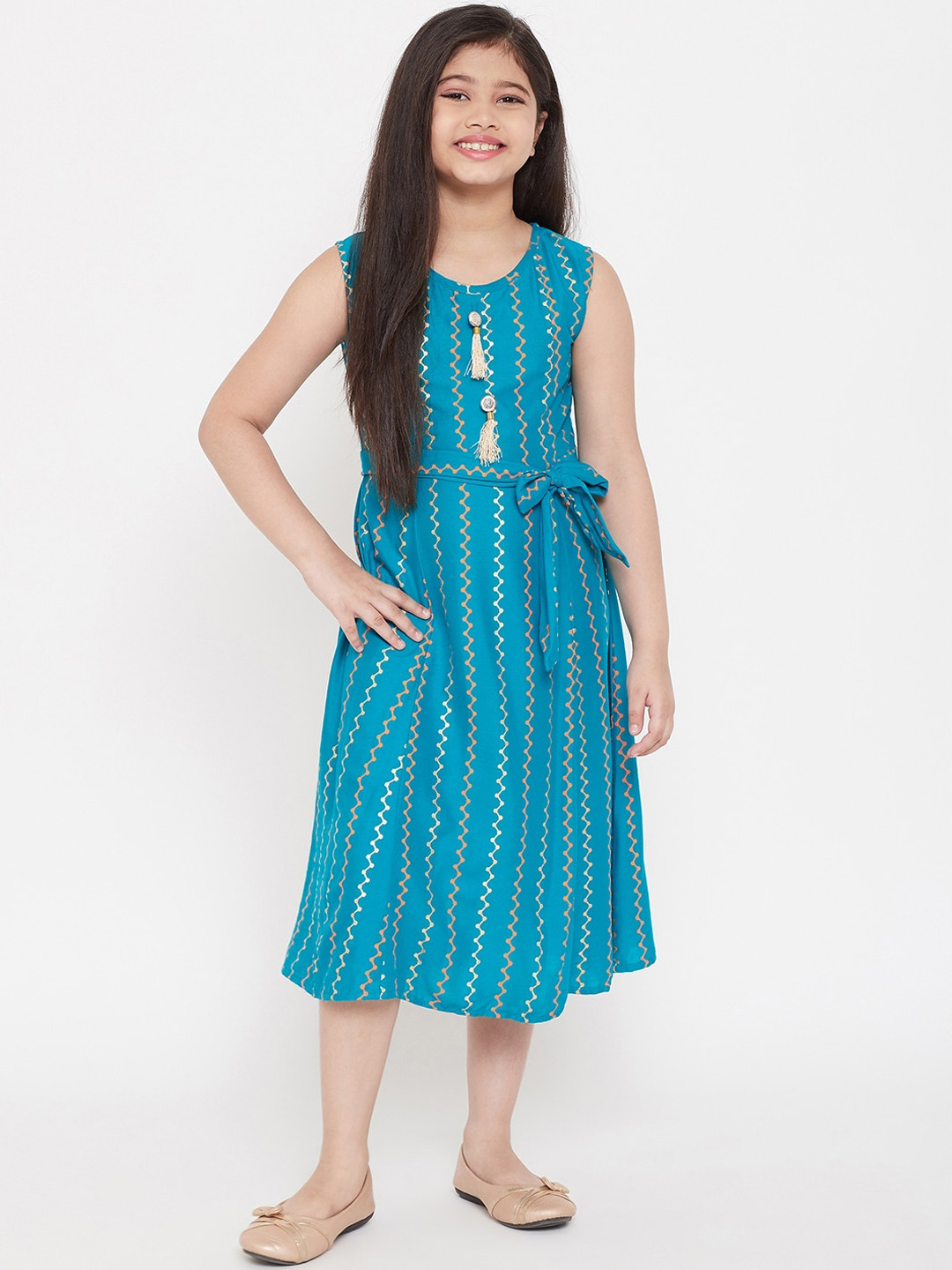 

KYDZI Turquoise Blue Ethnic Motifs Fringed A-Line Midi Dress