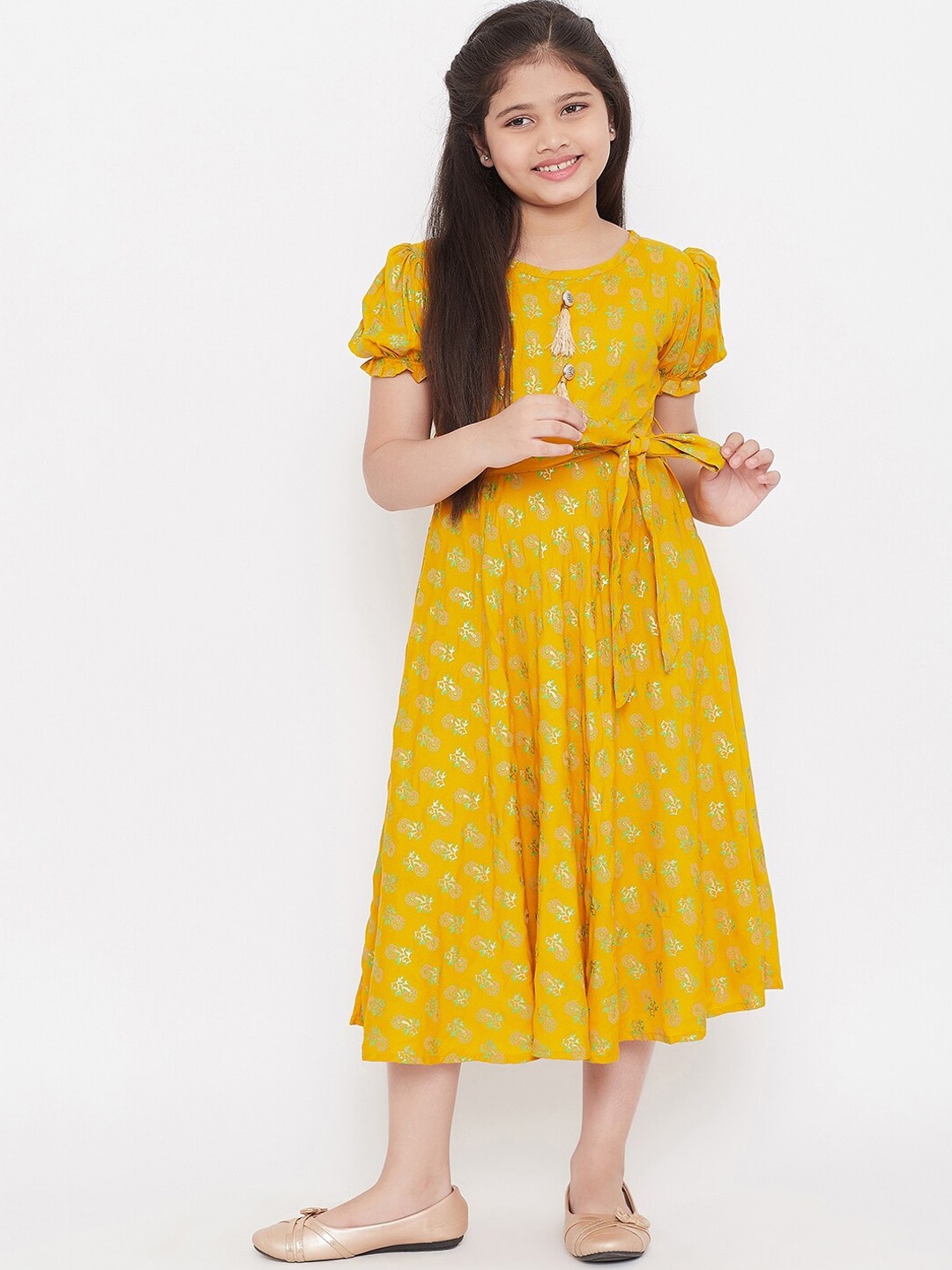 

KYDZI Girls Mustard Yellow & Green Ethnic Motifs A-Line Midi Dress