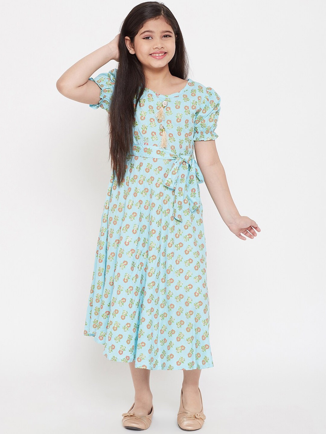 

KYDZI Girls Blue Floral Printed Midi Dress