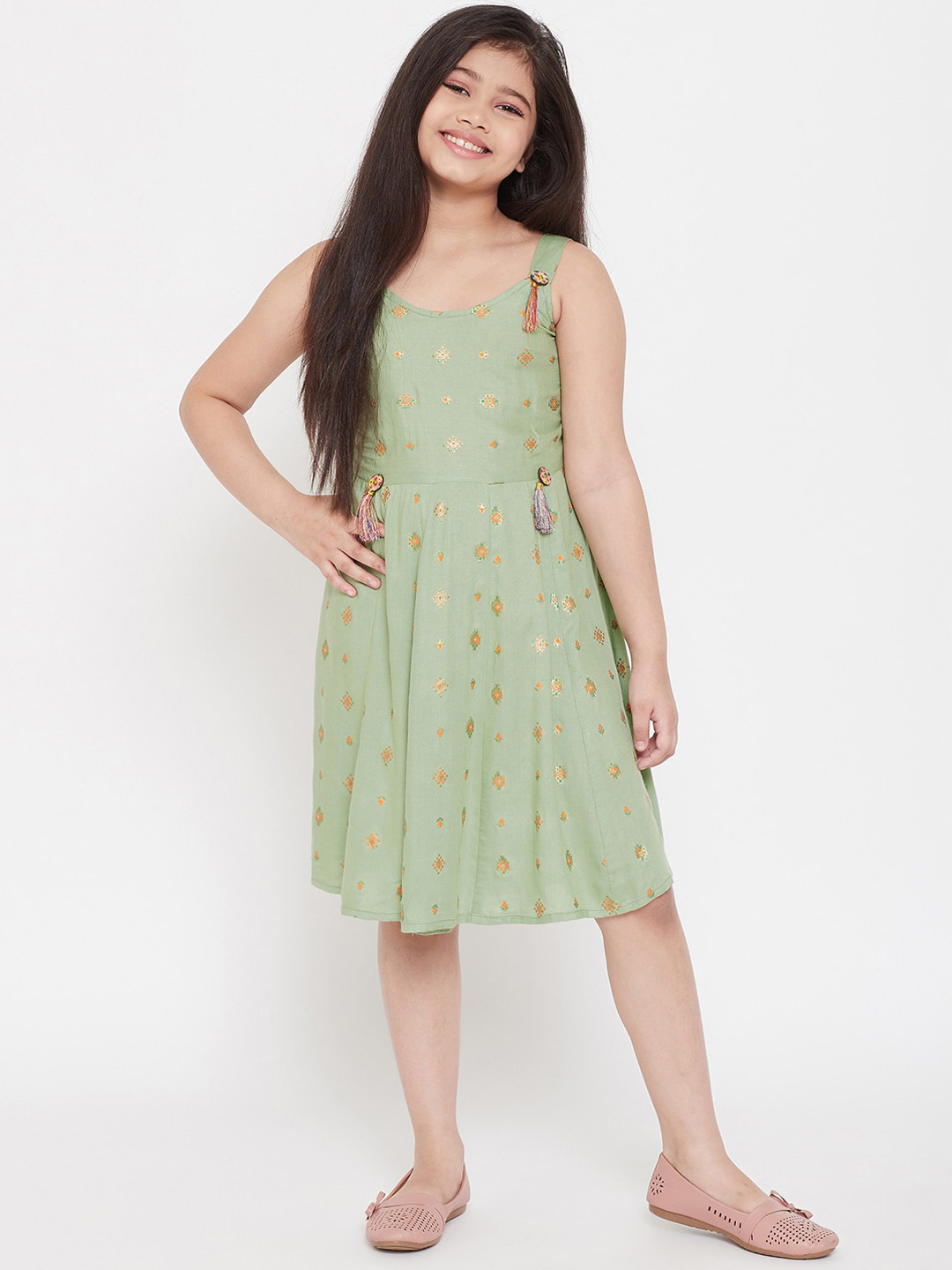 

KYDZI Green Floral Fringed Dress